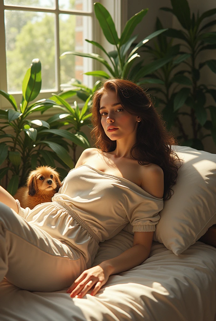 (photorealism:1.2), beautiful woman, sitting on bed, wearing loose off-shoulder top, pajama pants, long curly hair, indoors, soft lighting, plants in background, window with sunlight, cozy room, relaxed pose, realistic, intricate details, warm colors, by Greg Rutkowski, by Alphonse Mucha cub,nsfw,dog,anal,