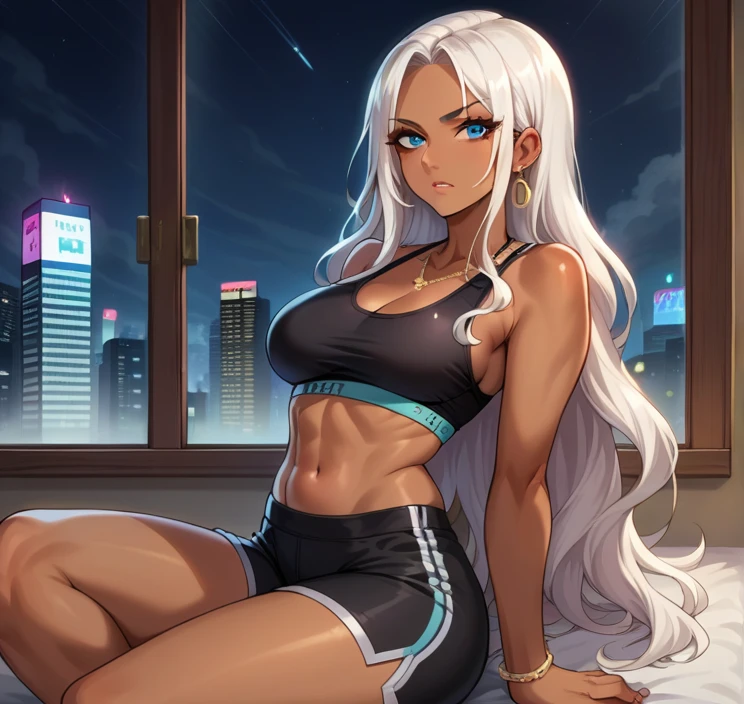 score_9, score_8_up,score_7_up, source_anime, 1girl, solo, Storm(X-Man)
, blue eyes,white hair, very long hair, dark skin, dark-skinned female,medium breasts, perfect body, nice body, curvy, necklace, ear piercing, black sports bra,black shorts,bedroom, at a dark room, at night , city view from the window, gyaru,Wavy Hair, Parted Bangs, 