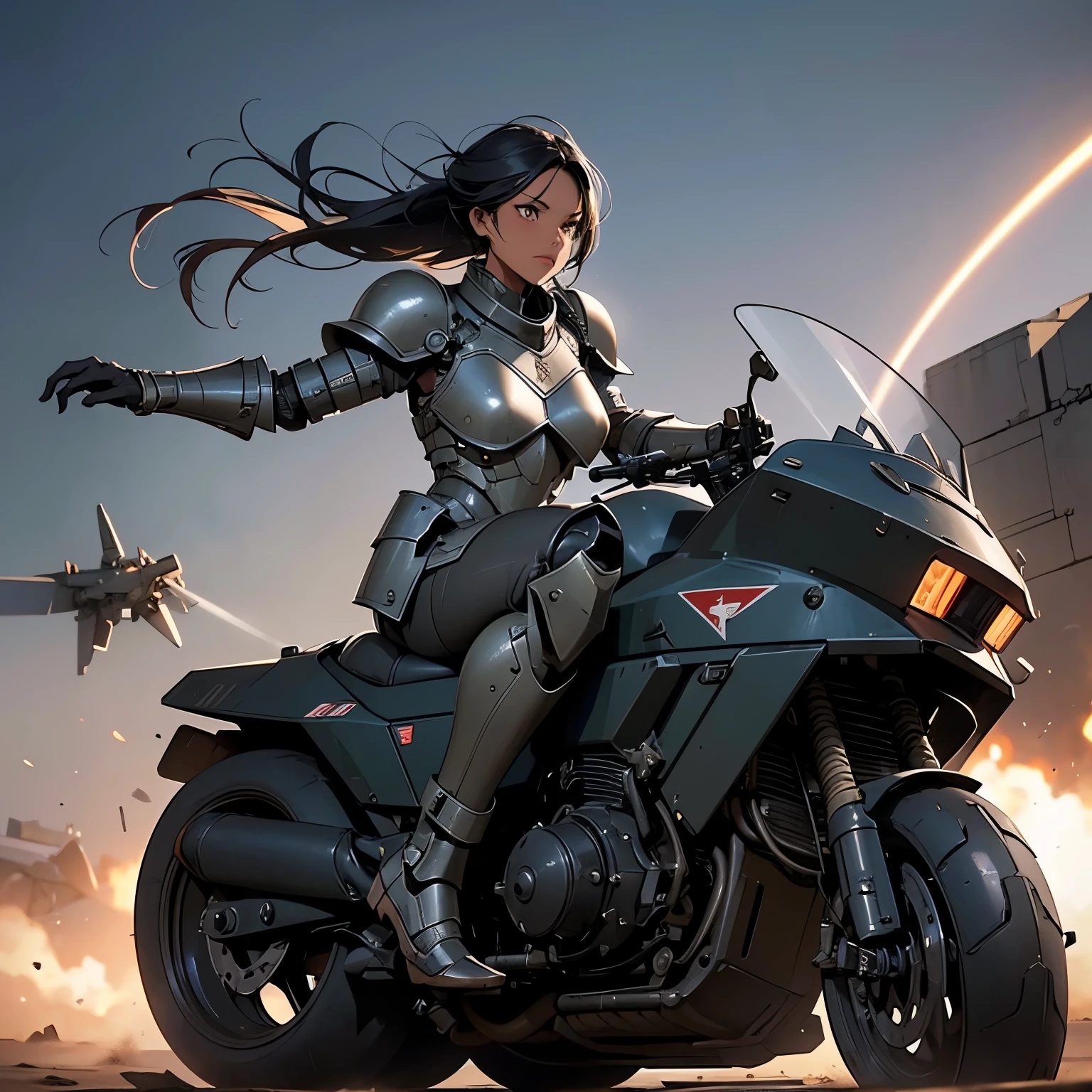 nsfw, anime screencap, 16K, perfect anatomy proportion body, perfect hands, action, A dynamic composition with a sense of speed and movement, (open cockpit, Riding a large, heavily armored steam-powered military motorcycle:1.6), a wife, 40age, perfect beautiful delicate sexy face, perfect beautiful delicate eyes, braid-in-braid black hair, (dark skin:1.6), huge breasts, abs, Camouflage-colored heavy armored steam engine full armor powered suit, Many heavily armored robot soldiers are engaged in a firefight in the background., Flying bullets, Desert Battlefield, war, Post-apocalyptic,