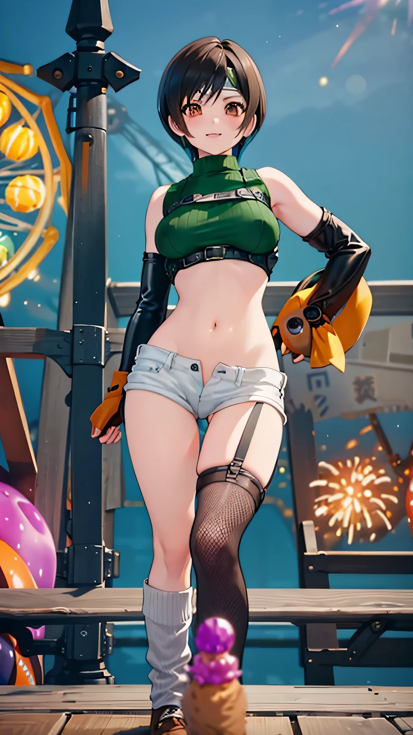 (fireworkが打ち上がる)、(On the Ferris wheel at night)、(grin)、yuffie kisaragi, a distinctive character from the game world of Final Fantasy, ((Angle from below)), 赤い頬、foot on penis, 1boy, penis, (eject cum:1.5), known for her black hair and brown eyes. She sports a short pixie cut and is dressed in a crop top, fingerless gloves, fishnet stockings and a forehead protector. Her style is unique with sleeveless turtlenecks and short shorts that expose her belly button. (チラッと見える赤いパンティ)、A headband completes her outfit, while single thigh-high socks and gloves complement her sleeves. Her look is completed with a sleeveless turtleneck and thigh highs. The depiction of Yuffie is presented as a masterpiece of the highest quality in an exceptionally high resolution of 8K. Her eyes are particularly highlighted, with beautiful, detailed features that enhance her hyper-realistic appearance. Both her face and body are extremely detailed, with every facet of her anatomy carefully crafted, including perfect hands and anatomy. The scene shows Yuffie in a typical cowboy shot, looking directly at the viewer. The image is placed indoors, with the lighting perfectly adjusted to bring out its details to the fullest. The overall presentation of the image is an homage to the character and his defining features, brought to life through the illustration in stunning quality and detail, (covered nipples), thighs, (On the Ferris wheel at night)、(firework)、