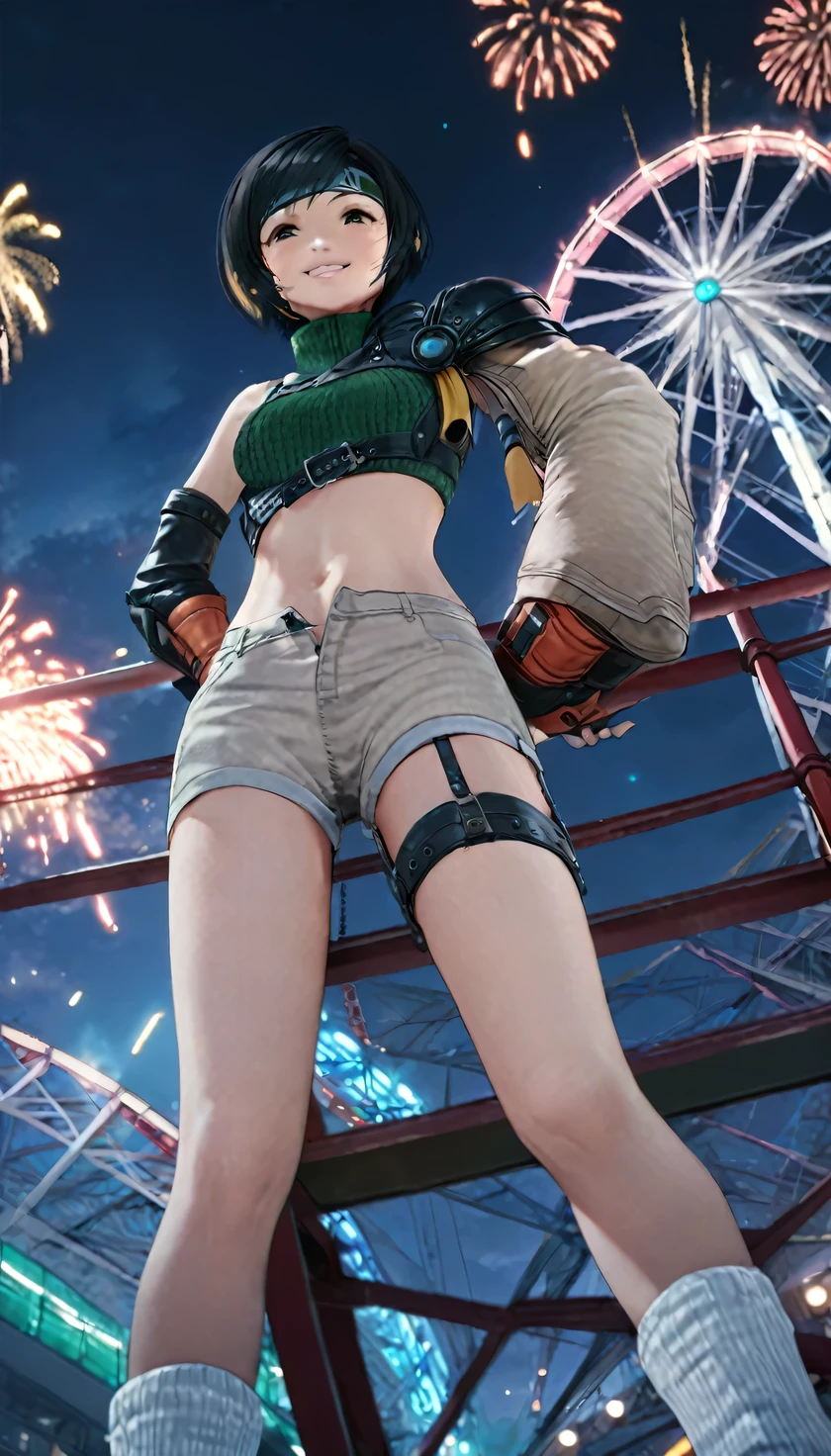(The fire starts)、(On the Ferris wheel at night)、(grin)、yuffie kisaragi, a distinctive character from the game world of Final Fantasy, ((Angle from below:1.5)), known for her black hair and brown eyes. She sports a short pixie cut and is dressed in a crop top, fingerless gloves, fishnet stockings and a forehead protector. Her style is unique with sleeveless turtlenecks and short shorts that expose her belly button. (A hand on hip)、A headband completes her outfit, while single thigh-high socks and gloves complement her sleeves. Her look is completed with a sleeveless turtleneck and thigh highs. The depiction of Yuffie is presented as a masterpiece of the highest quality in an exceptionally high resolution of 8K. Her eyes are particularly highlighted, with beautiful, detailed features that enhance her hyper-realistic appearance. Both her face and body are extremely detailed, with every facet of her anatomy carefully crafted, including perfect hands and anatomy. The scene shows Yuffie in a typical cowboy shot, (looking directly at the viewer). The image is placed indoors, with the lighting perfectly adjusted to bring out its details to the fullest. The overall presentation of the image is an homage to the character and his defining features, brought to life through the illustration in stunning quality and detail, (close up sole of foot), (covered nipples), thighs, foot, (On the Ferris wheel at night)、(firework)、(showing sole of foot), (Lift one leg slightly)、Her feet are right in front of me、