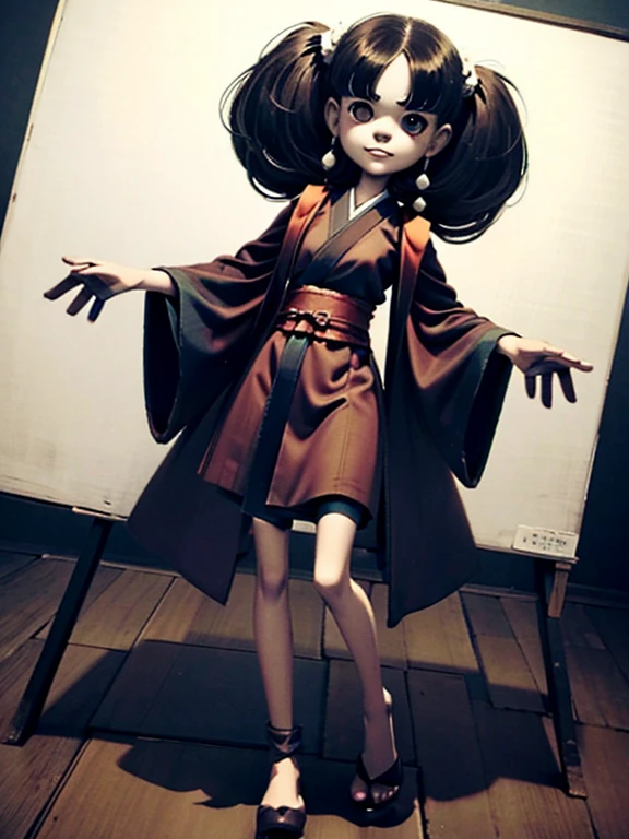 (masterpiece), (High resolution), (Full body portrait), Doll-like face, Manga style, , Horror elements, Comic style illustration, Japanese painting, (Spooky), Japan sculpture, crazy illustration, antique, Dark atmosphere, Flat Illustration,Spookyな外観, Distinctive messy hairstyle, creative accessories, Unique atmosphere]