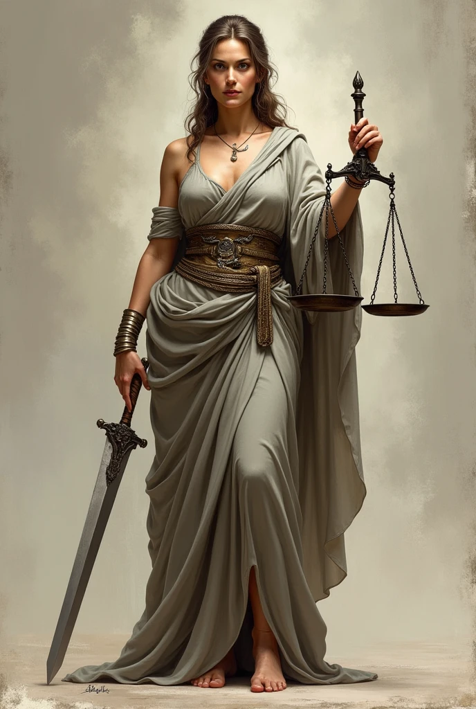 A law-themed painting with a Renaissance style including blind justice carrying a scale
