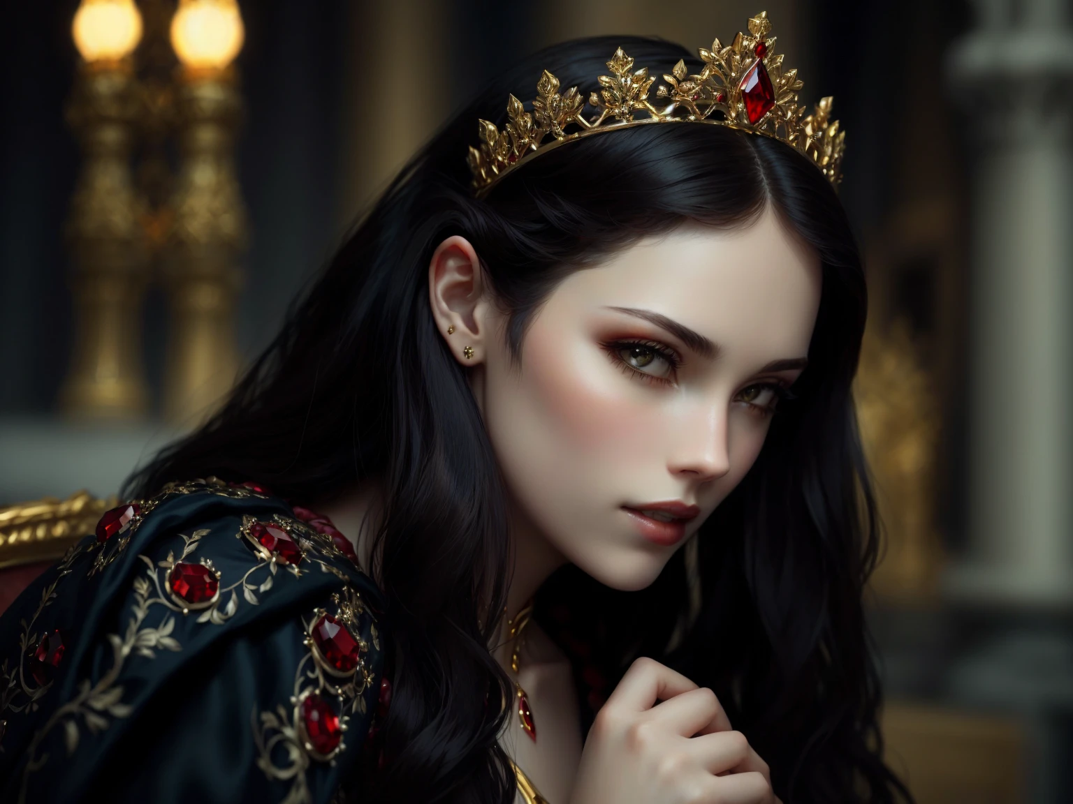 long wavy black hair with red highlights, gold Crown, Dark Vibe, in book cover format with the title "hearts"