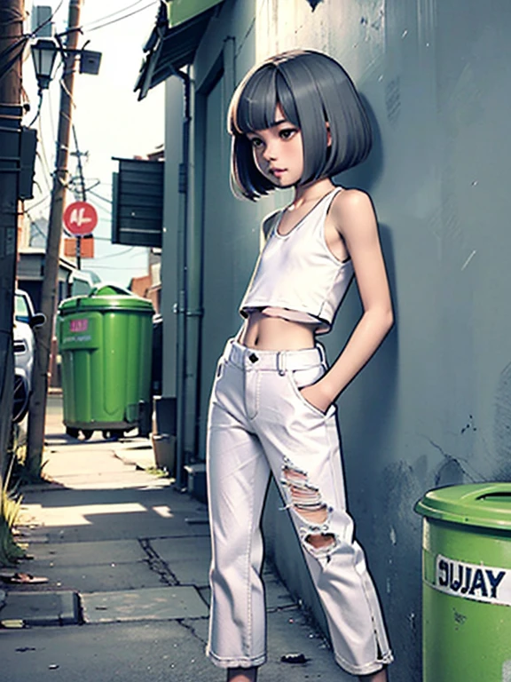 (masterpiece), (High resolution), (Full body portrait),(Japanese teen girl standing in a dirty back alley at night, graffitied wall:1.3, Put your hands in your pockets), ((White tight tank top, Distressed denim pants, Low-rise buggy pants)), (((Flat Chest:1.5))) , (Pale skin), ((Gray Hair, short hair, Short bangs)), (Fascinating face, Lips parted:1.3), thigh, graffiti:1.5, trash can, at night, Spot lighting:1.3, Full body shot information
