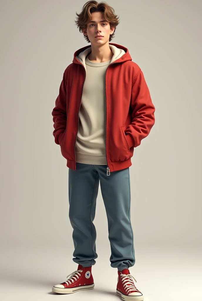 young teen with perfect body in red fluffy fleece pants and sweaty grey jacket