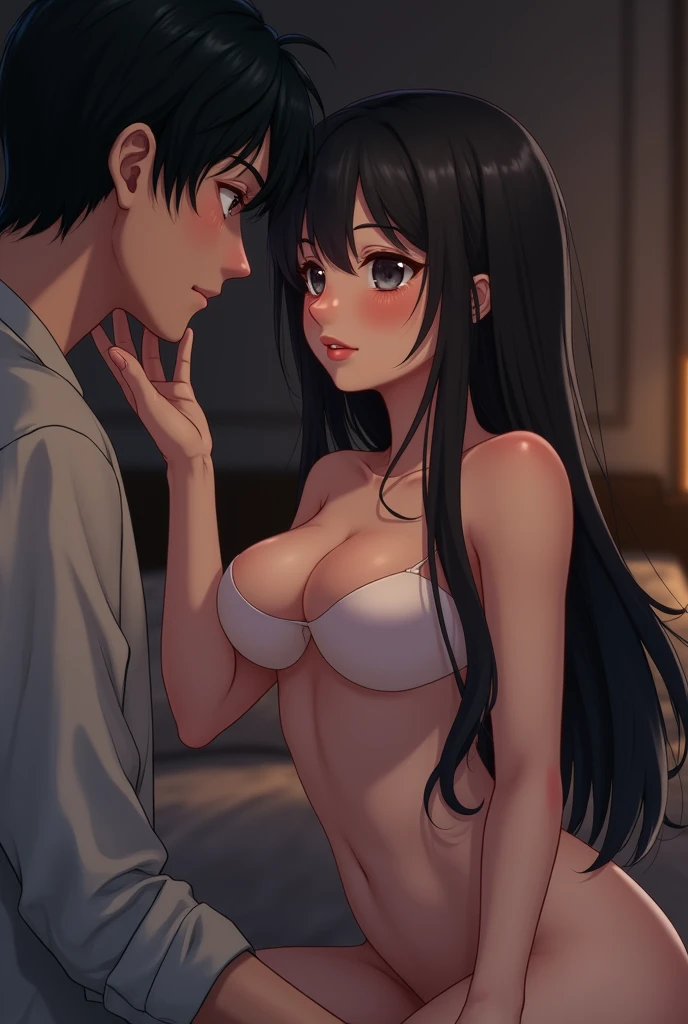 shinkai makoto, kimi no na wa., middle aged man, bangs swipe to the right, nude, wrinkles, middle aged man touching girl breast,breastgrope from behind, passionate hug, middle aged man is hugging from behind, kiss shoulder, 1girl, black hair, brown eyes, open mouth, Twisted Half Up, red ribbon, long hair, nude, medium breast, punk nipples, indoors, mall, masterpiece, perfect anatomy, cowboyshot, 