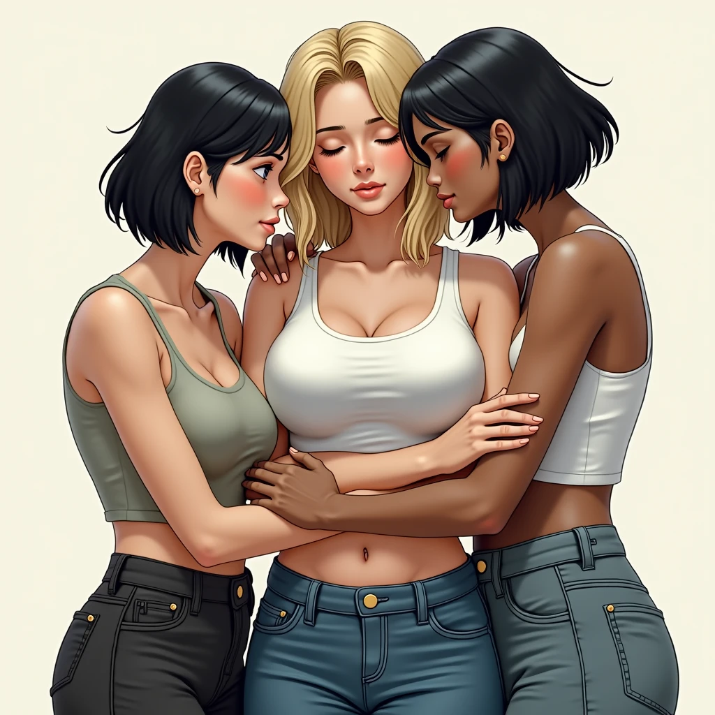2women, kiss, lesbian kiss, realistic artstyle, the Caucasian-girl in the center ( (nude), straight blond hair, brave, smiling, new to lesbian feelings, nauseated, queasy, ), the woman holding girl is BBW african woman (muscle bound, big bone, tight bodies, sexually experienced, sexually confident, sexual pose, two amazon looking black skinned woman), realistic style, official fanart, realism artstyle, hyperrealistic teens, high quality fanart, background artwork, sexual takeover, 8k, realistic art style, intense poses, 2beautiful women, detailed realistic expressions, realistic picture, all characters are 18, lesbian experience, dim and diffuse illumination. young busty blonde in black woman's arms,