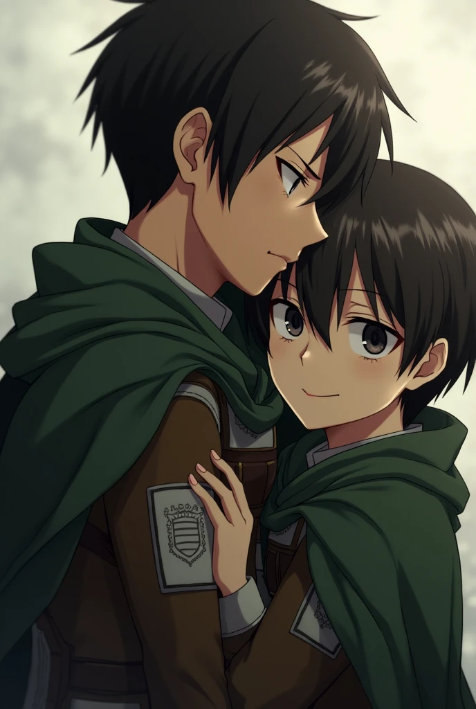 A cgia of approximately 1.60cm, black eyes. Dark brown hair, light brown skin, with the uniform of the reconnaissance legion, next to levi ackerman in a hug 
