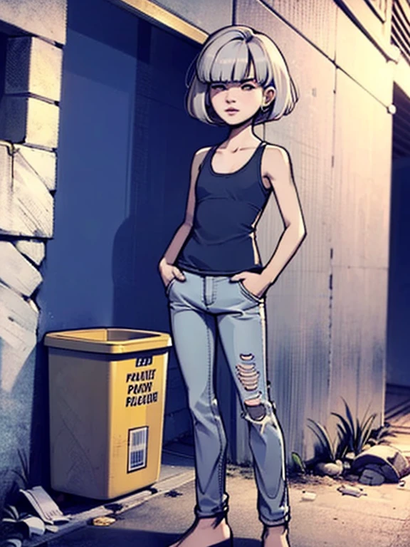 (masterpiece), (High resolution), (Full body portrait),(Japanese teen girl standing in a dirty back alley at night, graffitied wall:1.3, Put your hands in your pockets), ((White tight tank top, Distressed denim pants, Low-rise buggy pants)), (((Flat Chest:1.5))) , (Pale skin), ((Gray Hair, short hair, Short bangs)), (Fascinating face, Lips parted:1.3), thigh, graffiti:1.5, trash can, at night, Spot lighting:1.3, Full body shot information
