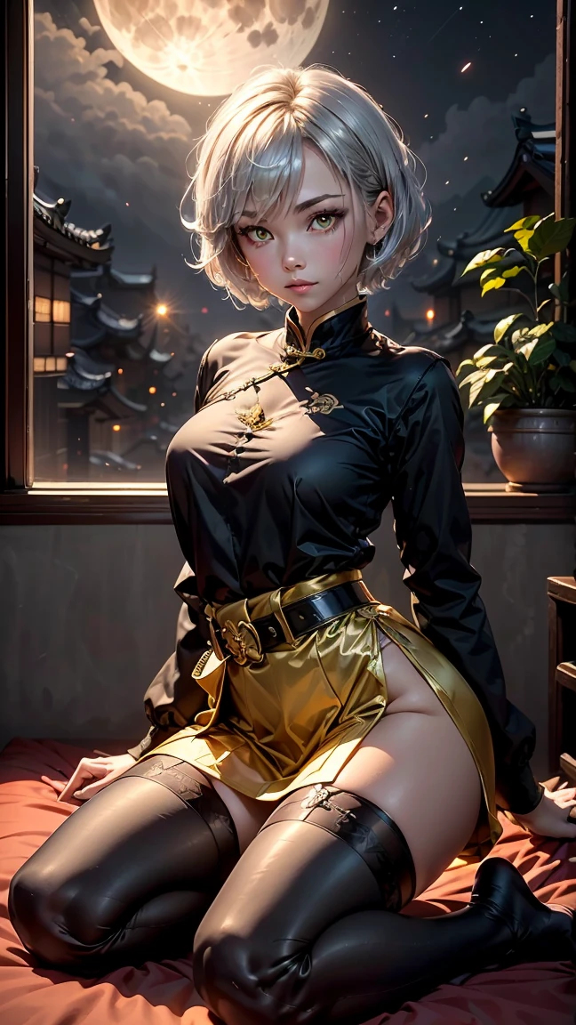 A female empress, short white hair, with yellow eyes, mostrando os peitos, legs open showing pussy, with an angry face and a provocative look. Wearing traditional Chinese imperial clothing, decorated in gold with black details, with red Hanafuda earrings, with a short red skirt. On your knees in a hotel room bed, with a sunset in the window in the background.