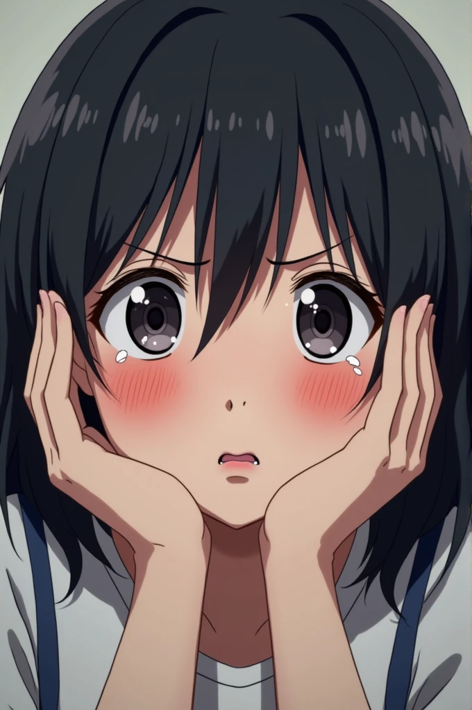 anime screencap, (yuri:2.0), close-up, long hair, black hair, blue eyes, (pussy juice:1.5), (pussy juice in mouth:1.5,) (pussy juice on face:1.5), (black lipstick:1.5), smile, heart-shaped pupils, (pussy juice in nose:1.5), uncensored