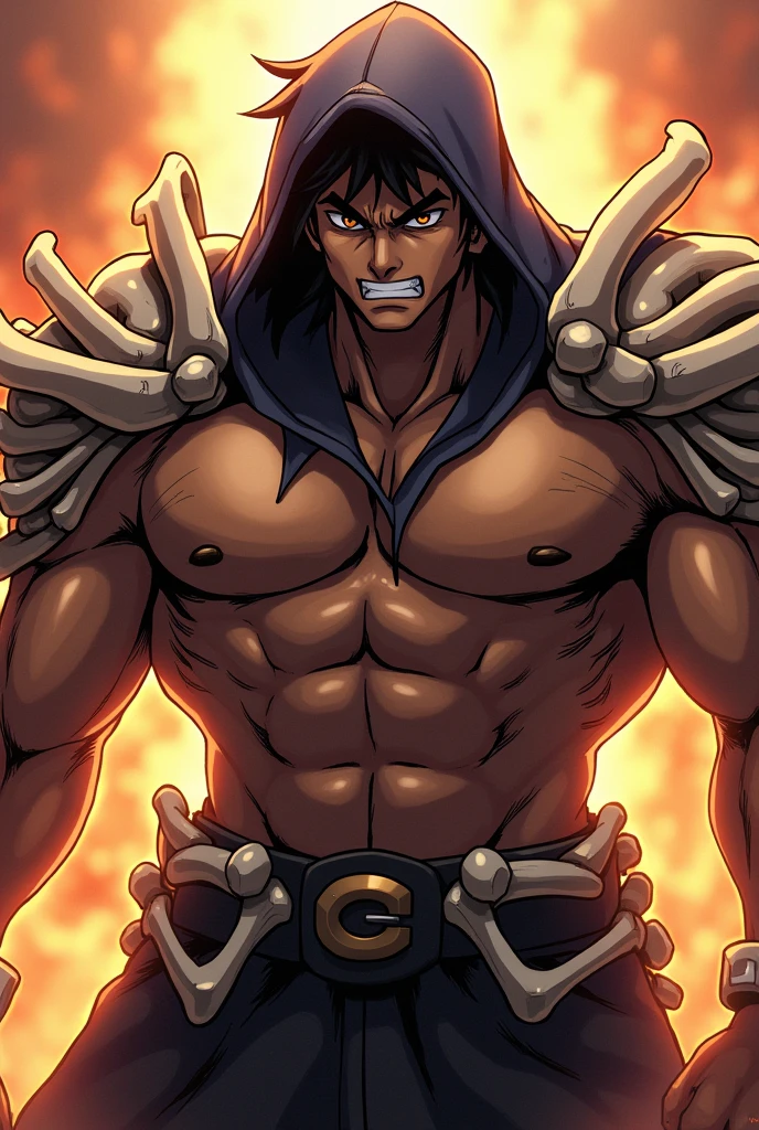 A young man of 1 1.97 cm tall and 127 kg in weight with a very busty and buffed body, short, unruly dark black hair,hairstyle like Joseph Joestar, Brown eyes, somewhat sharp features and an expression full of anger, similar to Joseph Joestar, with armor made of bones and a hood on his head, covering his face, jojos anime style with light brown skin tone 

