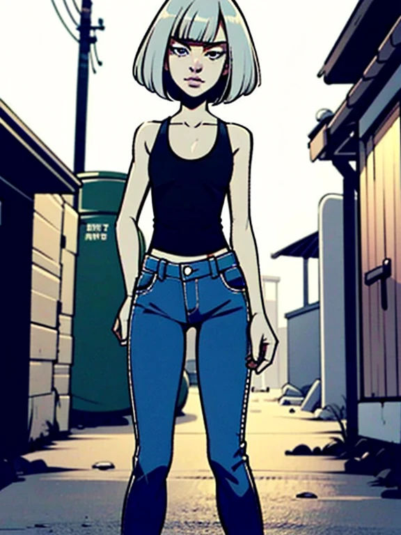 (masterpiece), (High resolution), (Full body portrait),(Japanese teen girl standing in a dirty back alley at night, graffitied wall:1.3, Put your hands in your pockets), ((White tight tank top, Distressed denim pants, Low-rise buggy pants)), (((Flat Chest:1.5))) , (Pale skin), ((Gray Hair, short hair, Short bangs)), (Fascinating face, Lips parted:1.3), thigh, graffiti:1.5, trash can, at night, Spot lighting:1.3, Full Body Shot Information
