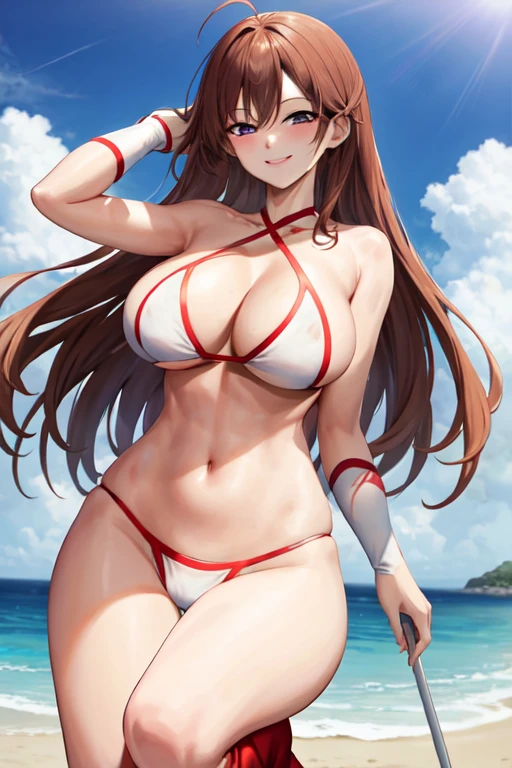 best quality, official art, masterpiece, textile shading, HDR, very detailed, colorful, best details, (Adult,19 years old, One Girl, alone, yuuki asuna, hentai:1.5, bitch, long hair, curly hair, brown hair, eyepatch bikini:1.5, medium breast, puffy nipples:1.3, skinny, cameltoe:1.5, blue eye, public indecency:1.5, beach:1.5, contemptuous,