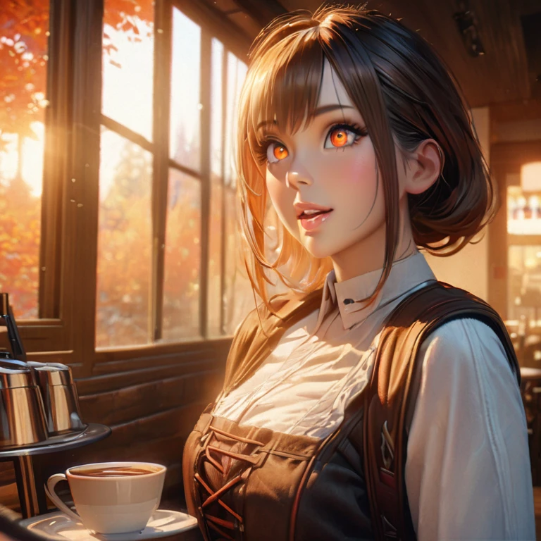 (best quality,highres,masterpiece:1.2),ultra-detailed,a charming coffee shop, customers drinking tea, waiters wearing Dirndl uniforms, interior made of warm wooden tones, red and orange twilight blending through the windows, an autumn forest landscape visible outside, 8k, high quality, photorealistic, beautifully detailed, intricate textures, dramatic lighting, vibrant colors,(long eyelashes,beautiful detailed eyes,beautiful detailed lips,extremely detailed eyes and face,vibrant colors,cinematic lighting,warm tones,photorealistic,masterpiece,8k,hyper detailed),happy laugh,