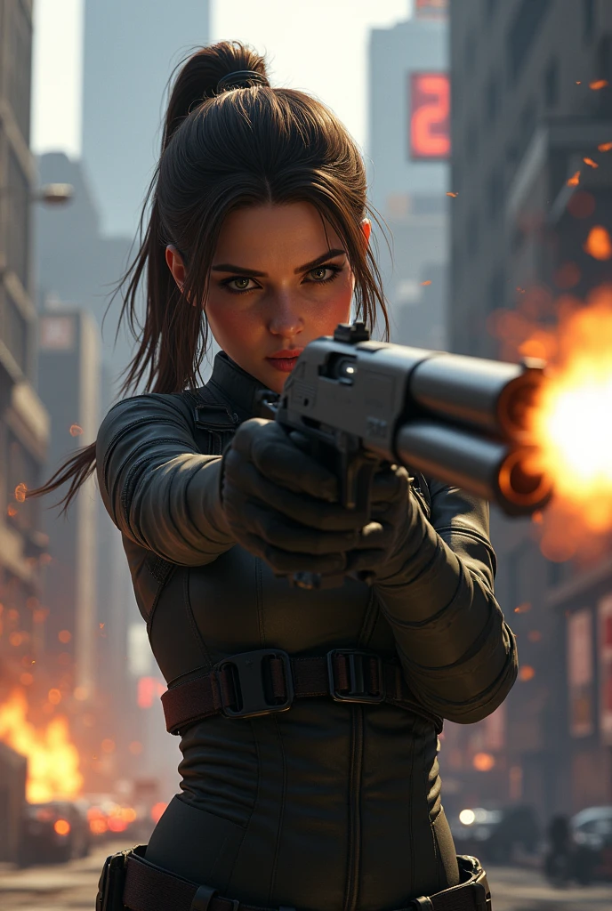 a woman in a futuristic sci-fi environment, detailed facial features, beautiful detailed eyes,beautiful detailed lips,extremely detailed eyes and face,longeyelashes, wearing a high-tech sci-fi outfit, holding an automatic rifle and aiming at the viewer, detailed sci-fi landscape background, (best quality,4k,8k,highres,masterpiece:1.2),ultra-detailed,(realistic,photorealistic,photo-realistic:1.37),cinematic lighting,dynamic pose,vibrant colors,dramatic lighting,intricate details,digital art,concept art