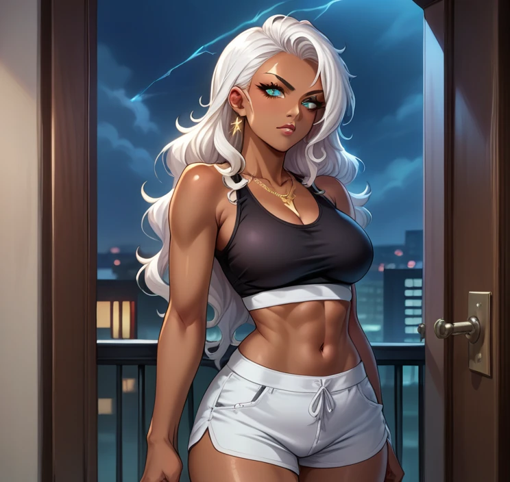 score_9, score_8_up,score_7_up, source_anime, 1girl, solo, Storm(X-Man)
, blue eyes,white hair, very long hair, dark skin, dark-skinned female,medium breasts, perfect body, nice body, curvy, necklace, ear piercing, black sports bra,shorts,bedroom, at a dark room, at night , city view from the window, gyaru,Wavy Hair, Parted Bangs, 