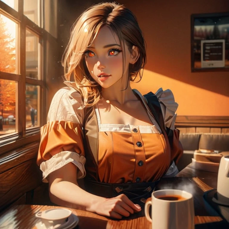 (best quality,highres,masterpiece:1.2),ultra-detailed,a charming coffee shop, some customers drinking tea, waiters wearing Dirndl uniforms, interior made of warm wooden tones, red and orange twilight blending through the windows, an autumn forest landscape visible outside, 8k, high quality, photorealistic, beautifully detailed, intricate textures, dramatic lighting, vibrant colors,(long eyelashes,beautiful detailed eyes,beautiful detailed lips,extremely detailed eyes and face,vibrant colors,cinematic lighting,warm tones,photorealistic,masterpiece,8k,hyper detailed),happy laugh,distant view,