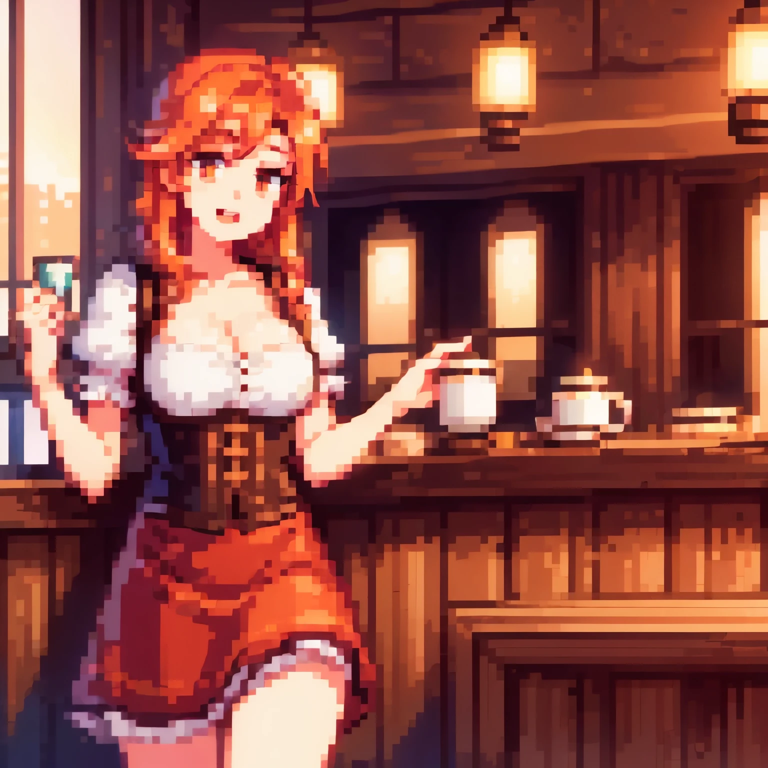 (best quality,highres,masterpiece:1.2),ultra-detailed,a charming coffee shop, customers drinking tea, waiters wearing Dirndl uniforms, interior made of warm wooden tones, red and orange twilight blending through the windows, an autumn forest landscape visible outside, 8k, high quality, photorealistic, beautifully detailed, intricate textures, dramatic lighting, vibrant colors,(long eyelashes,beautiful detailed eyes,beautiful detailed lips,extremely detailed eyes and face,vibrant colors,cinematic lighting,warm tones,photorealistic,masterpiece,8k,hyper detailed),happy laugh,