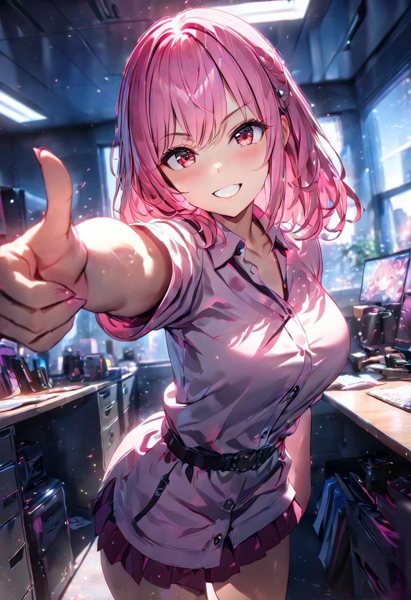 Illustration, Anime, Pink Slime girl, bubbly grin, pointing at viewer, monster girl 1girl, cinematic lighting, masterpiece, office cubicle, best quality(Depth of field hdr 8k 4k wallpaper cinematic angle, cinematic lighting,:1.5) (masterpiece, best quality:2.0), (Depth of field hdr 8k 4k wallpaper cinematic angle, cinematic lighting: 1.5) (masterpiece, best quality:1.75)