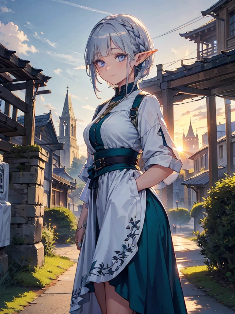 The cathedral is in the background、Medieval cityscape at sunset,　Wide Road、Pointed Ears、Elf、blue eyes、Green casual clothing、Long eyelashes、Silver braided short hair