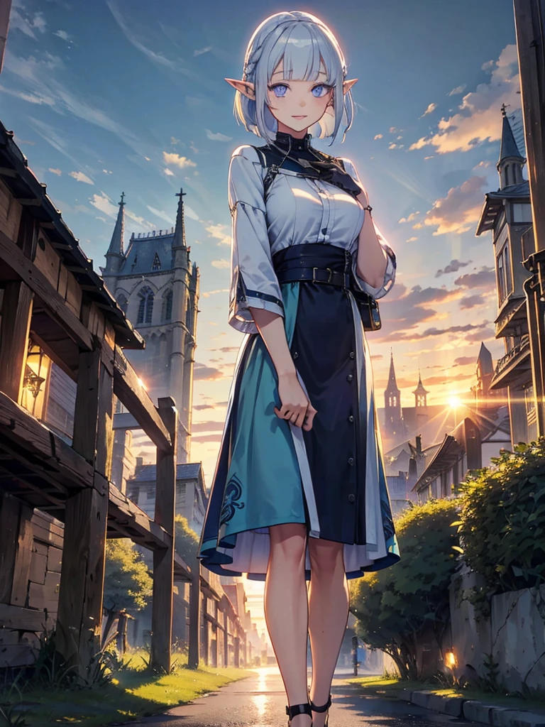 The cathedral is in the background、Medieval cityscape at sunset,　Wide Road、Pointed Ears、Elf、blue eyes、Green casual clothing、Long eyelashes、Silver braided short hair