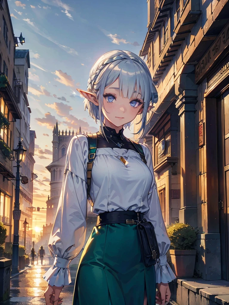 The cathedral is in the background、Medieval cityscape at sunset,　Wide Road、Pointed Ears、Elf、blue eyes、Green casual clothing、Long eyelashes、Silver braided short hair