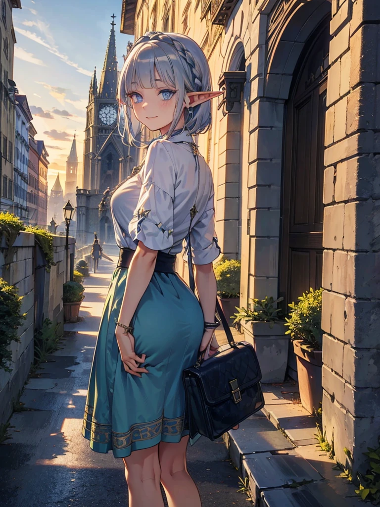 The cathedral is in the background、Medieval cityscape at sunset,　Wide Road、Pointed Ears、Elf、blue eyes、Green casual clothing、Long eyelashes、Silver braided short hair