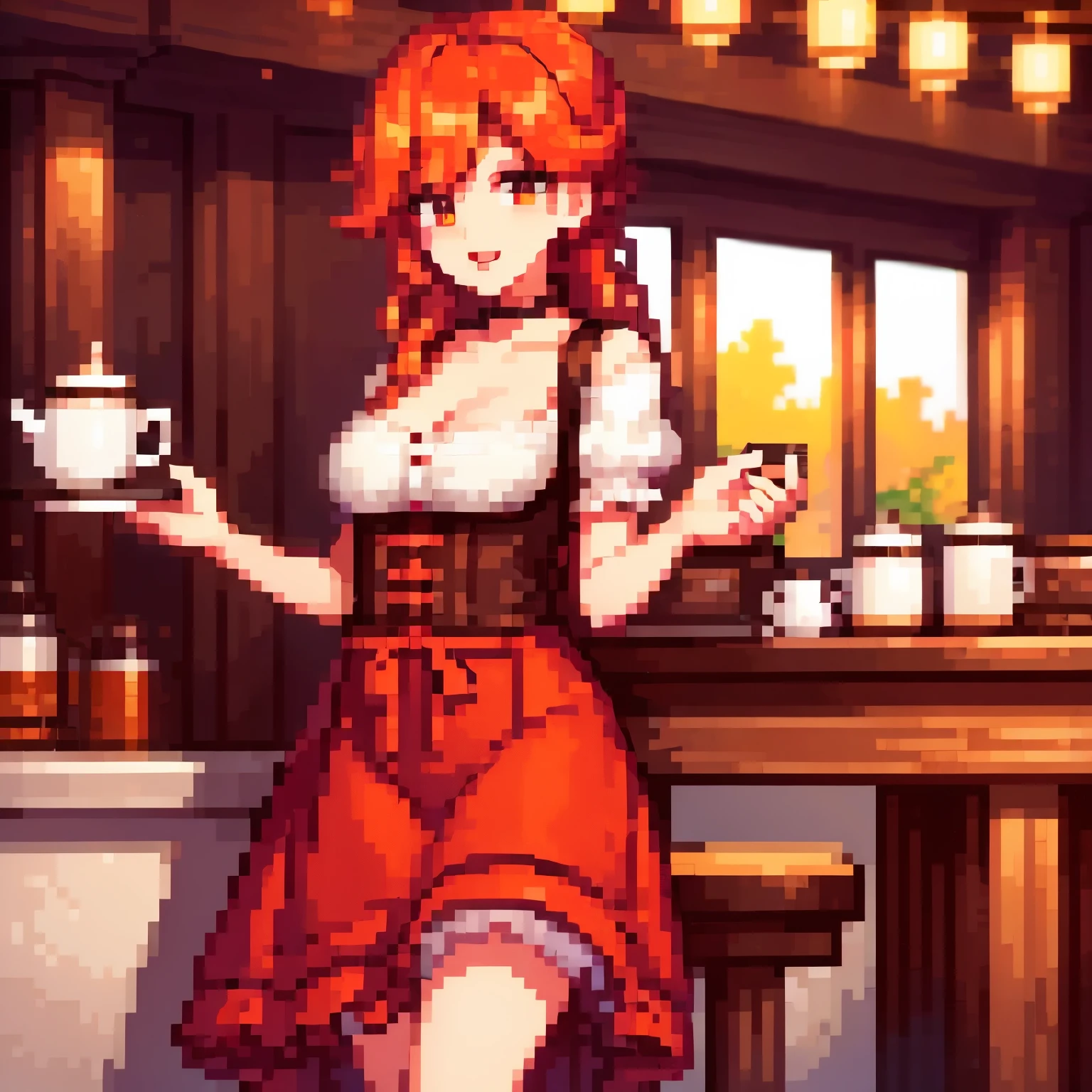 (best quality,highres,masterpiece:1.2),ultra-detailed,a charming coffee shop, customers drinking tea, waiters wearing Dirndl uniforms, interior made of warm wooden tones, red and orange twilight blending through the windows, an autumn forest landscape visible outside, 8k, high quality, photorealistic, beautifully detailed, intricate textures, dramatic lighting, vibrant colors,(long eyelashes,beautiful detailed eyes,beautiful detailed lips,extremely detailed eyes and face,vibrant colors,cinematic lighting,warm tones,photorealistic,masterpiece,8k,hyper detailed),happy laugh,