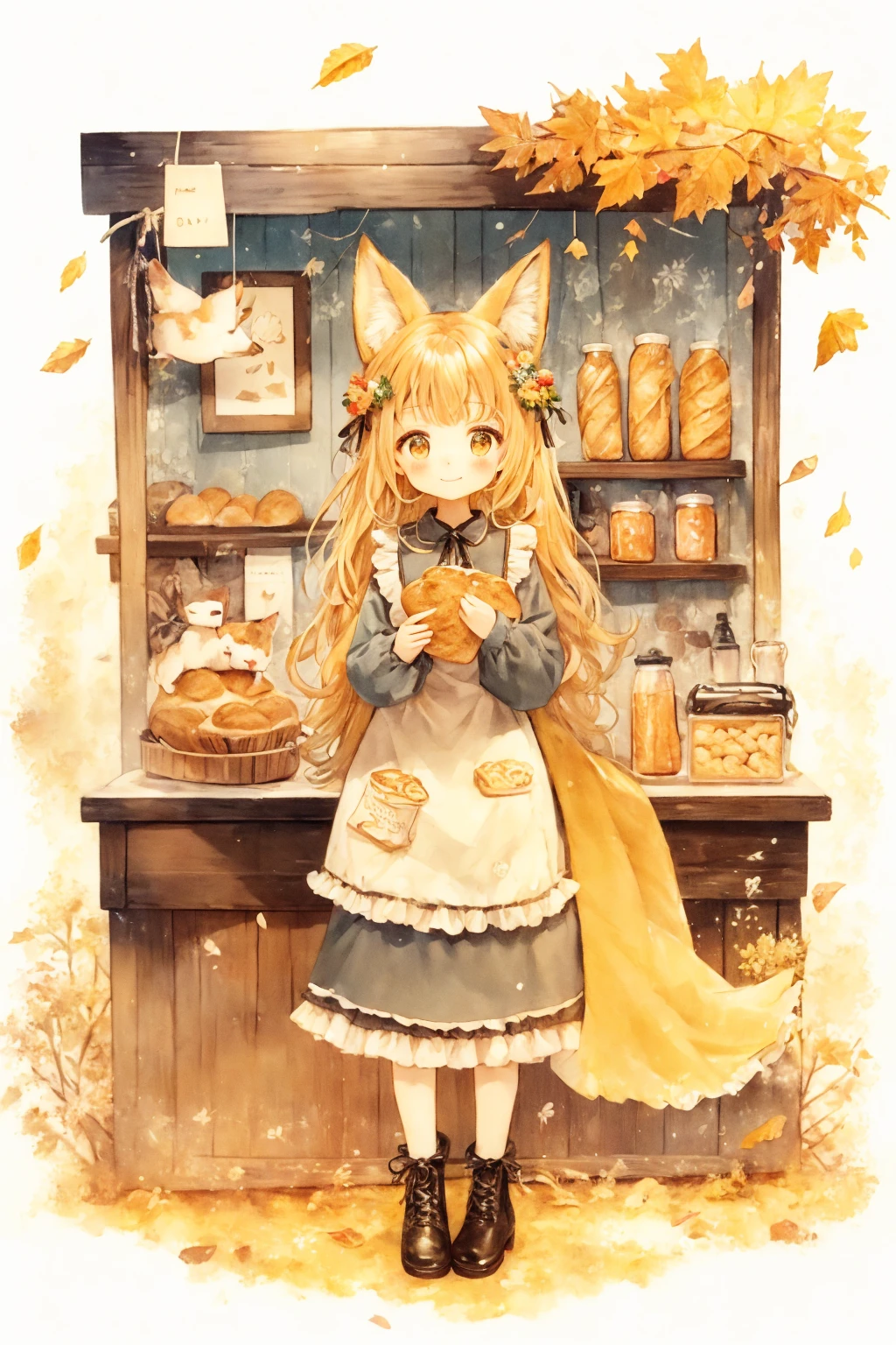 Fox Girl, smile, Straight long hair, Floral Hair Accessories, Wearing an apron, Black frilly dress, Black boots, With bread, Are standing, Look forward, looking at the camera, Natural cute expression, Smooth Skin, Indoor bakery installation, Shelf with bread, bottle, wooden counter, autumn leaves, Warm lighting, Evenly distributed shadows, Cozy autumn atmosphere, Front view, Focus sharply on the subject, Well exposed, No Motion Blur, Details about the camera are unknown.