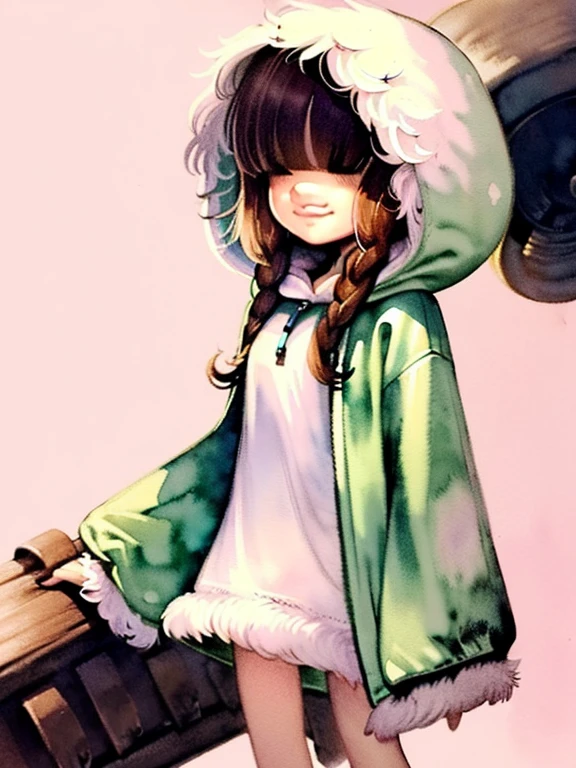 (cute illustration:1.5),(Fluffy illustration:1.4),(pastel colour:1.4), (watercolor:1.2),(cute,cute,sweet,pop:1.2), (One girl:1.4),Oversized hooded jacket, Bodysuits, Cyborg Girl,Cat, Huge mechanical arm,
