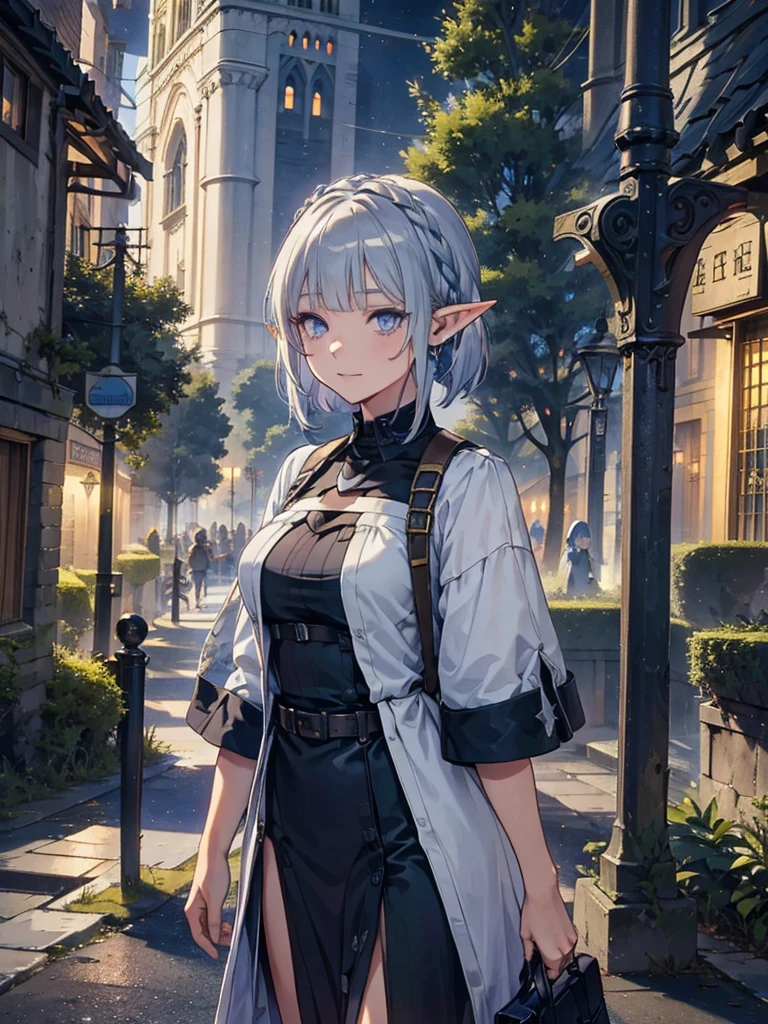 The cathedral is in the background、Medieval cityscape at night,　Wide Road、Pointed Ears、Elf、blue eyes、Green casual clothing、Long eyelashes、Silver braided short hair