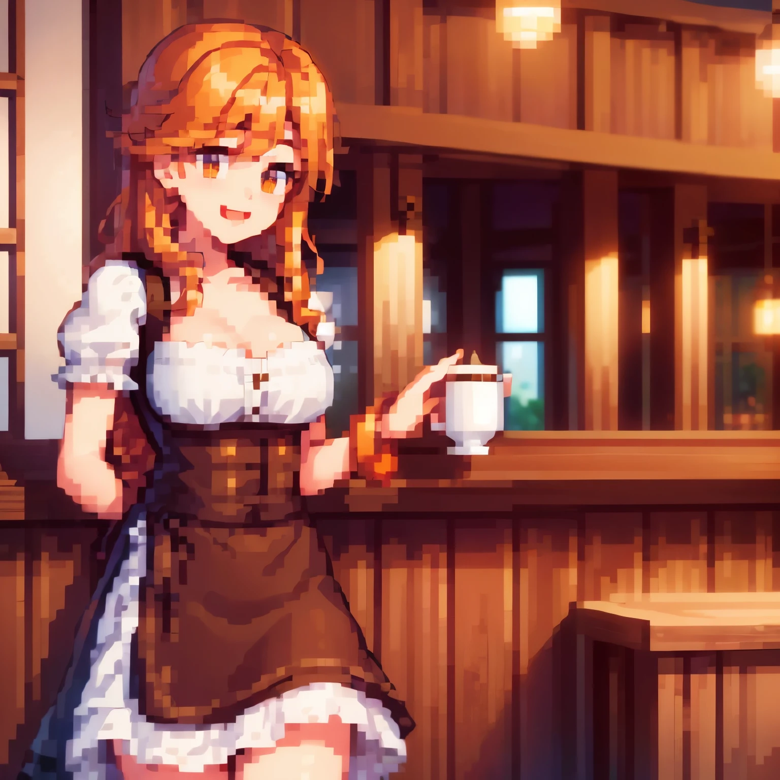 (best quality,highres,masterpiece:1.2),ultra-detailed,a charming coffee shop, customers drinking tea, waiters wearing Dirndl uniforms, interior made of warm wooden tones, red and orange twilight blending through the windows, an autumn forest landscape visible outside, 8k, high quality, photorealistic, beautifully detailed, intricate textures, dramatic lighting, vibrant colors,(long eyelashes,beautiful detailed eyes,beautiful detailed lips,extremely detailed eyes and face,vibrant colors,cinematic lighting,warm tones,photorealistic,masterpiece,8k,hyper detailed),happy laugh,