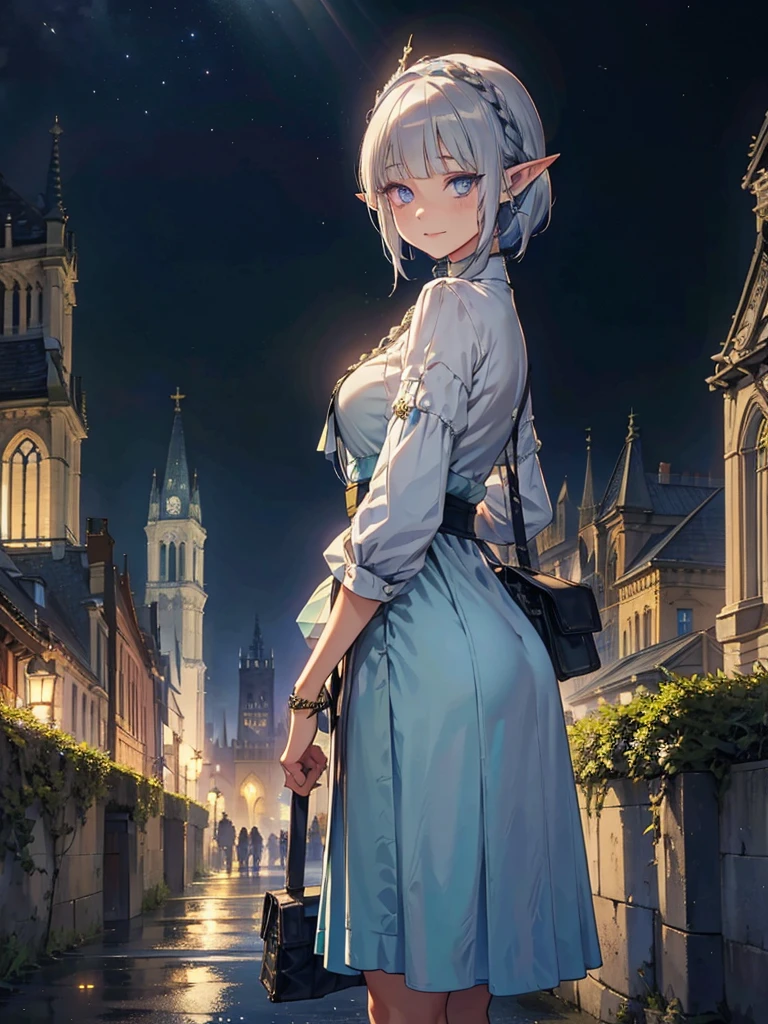 The cathedral is in the background、Medieval cityscape at night,　Wide Road、Pointed Ears、Elf、blue eyes、Green casual clothing、Long eyelashes、Silver braided short hair