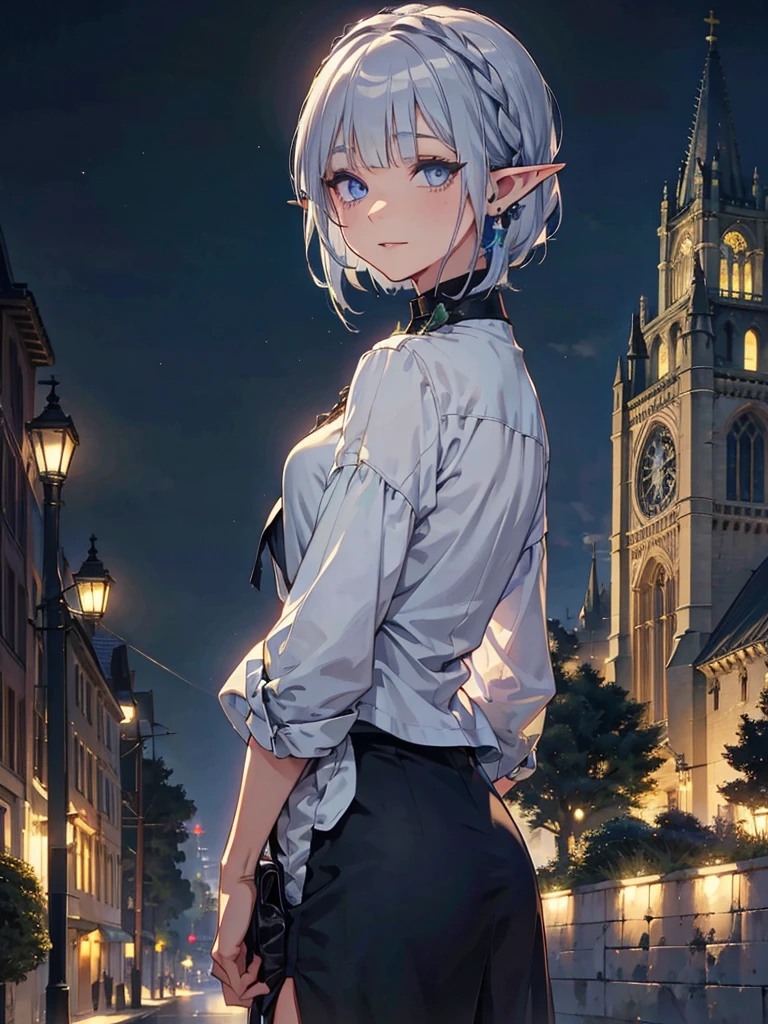 The cathedral is in the background、Medieval cityscape at night,　Wide Road、Pointed Ears、Elf、blue eyes、Green casual clothing、Long eyelashes、Silver braided short hair