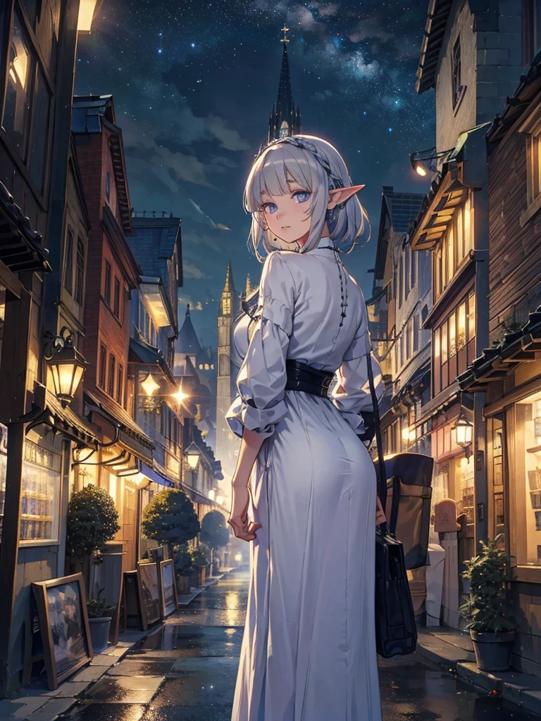 The cathedral is in the background、Medieval cityscape at night,　Wide Road、Pointed Ears、Elf、blue eyes、Green casual date outfit、Long eyelashes、Silver braided short hair