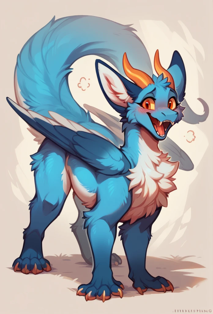 furry art, solo feral, furred dragon, female, full body, white and blue fur, thicc, big ears, wings, horns, tail, chest fluff, paws, fangs,  ton back, close up, embarrassed, happy, bent over, bent over with her ass to the viewer , extra fluffy,  extra fluffy, quadruped, 