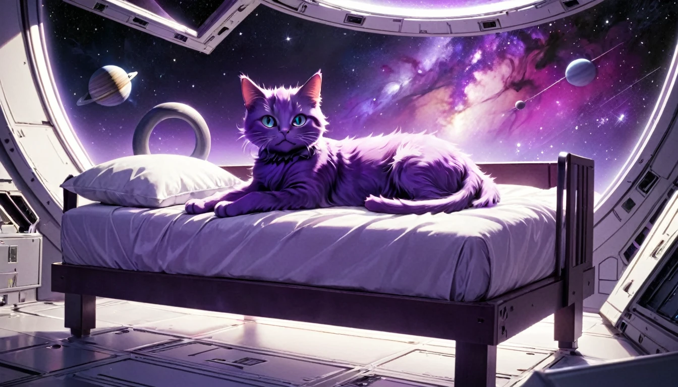 purple cat on a bed in space