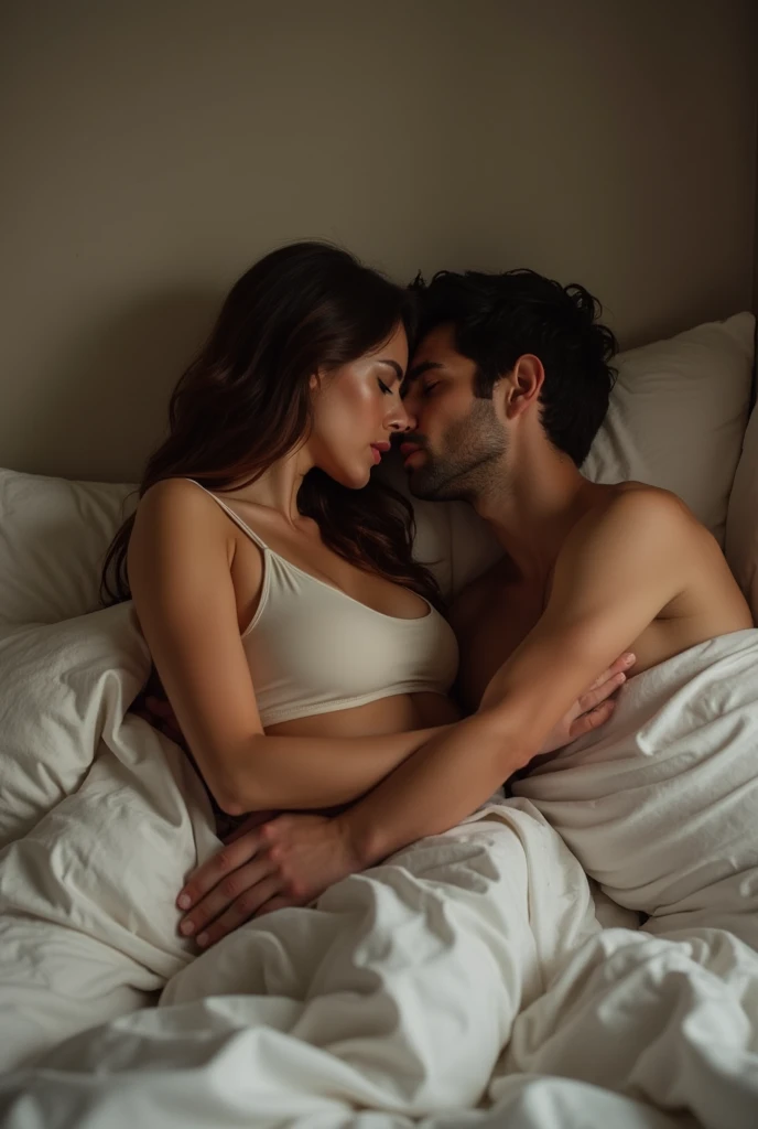 In a dark, intimate setting, a couple lies on the bed, wearing comfortable, casual clothes. They share romantic glances, showing affection and understanding. The soft lighting enhances the love and tenderness on their faces, creating a perfect scene for a moment of emotional connection.