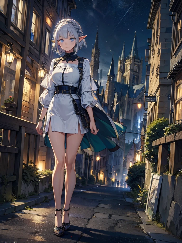 The cathedral is in the background、Medieval cityscape at night,　Wide Road、Pointed Ears、Elf、blue eyes、Green casual clothing、Long eyelashes、Silver braided short hair