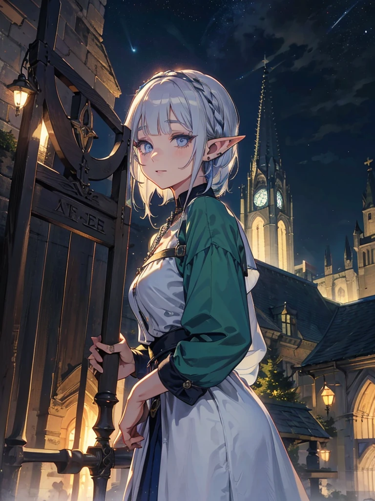 The cathedral is in the background、Medieval cityscape at night,　Wide Road、Pointed Ears、Elf、blue eyes、Green casual clothing、Long eyelashes、Silver braided short hair