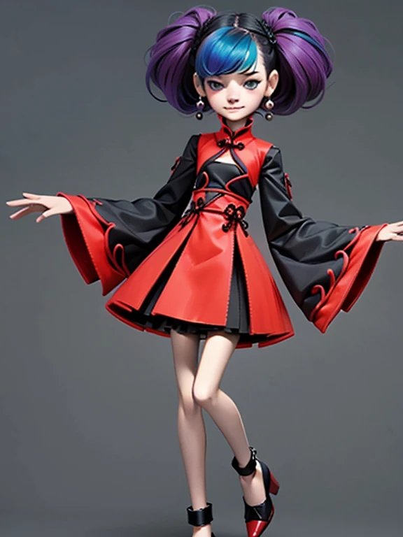 (masterpiece), (High resolution), (Full body portrait), （Punk Rock）、Rainbow hair、China dress、Long sleeve clothing、 Dark atmosphere, Flat Illustration, Creepy Appearance, Characteristic hairstyle, creative accessories, Unique atmosphere,A Little Nightmare、Jumping like a Blythe doll
