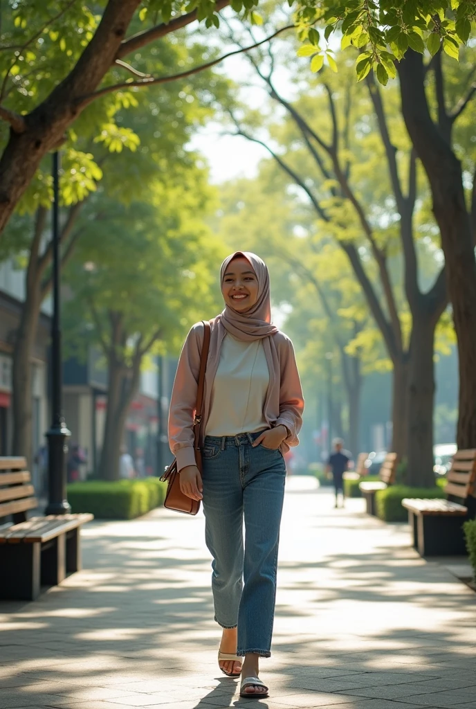 raw photo, 8K  UHD, dslr, soft lighting, high quality, film grain, Fujifilm XT3, an Indonesian woman with brown hair, pretty face, memiliki tubuh seksi, taking a leisurely walk, ekspresi tersenyum manis, wearing a black hijab, carrying a black backpack on his back,  medium wide angle shot, White t-shirt with long black jeans, all star shoes, background of highway with urban atmosphere, sunset, cinematic photo, 18mm f/ 11 photos, film, bokeh, proffesional, 4K, very detail, full of color.  