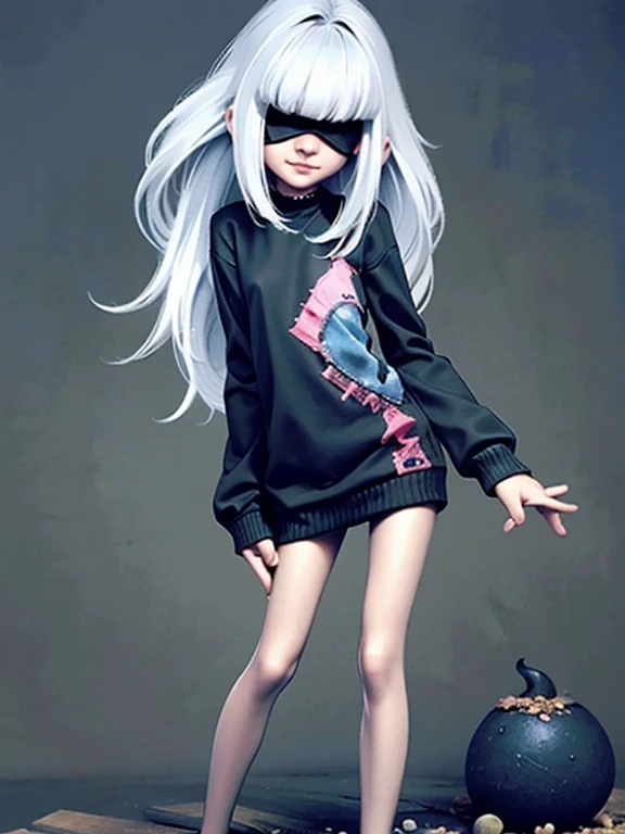 (masterpiece), (High resolution), (Full body portrait), （Punk Rock）、White Hair、Long sleeve sweater、 Dark atmosphere, Flat Illustration, Creepy Appearance, Characteristic hairstyle, creative accessories, Unique atmosphere,A Little Nightmare
