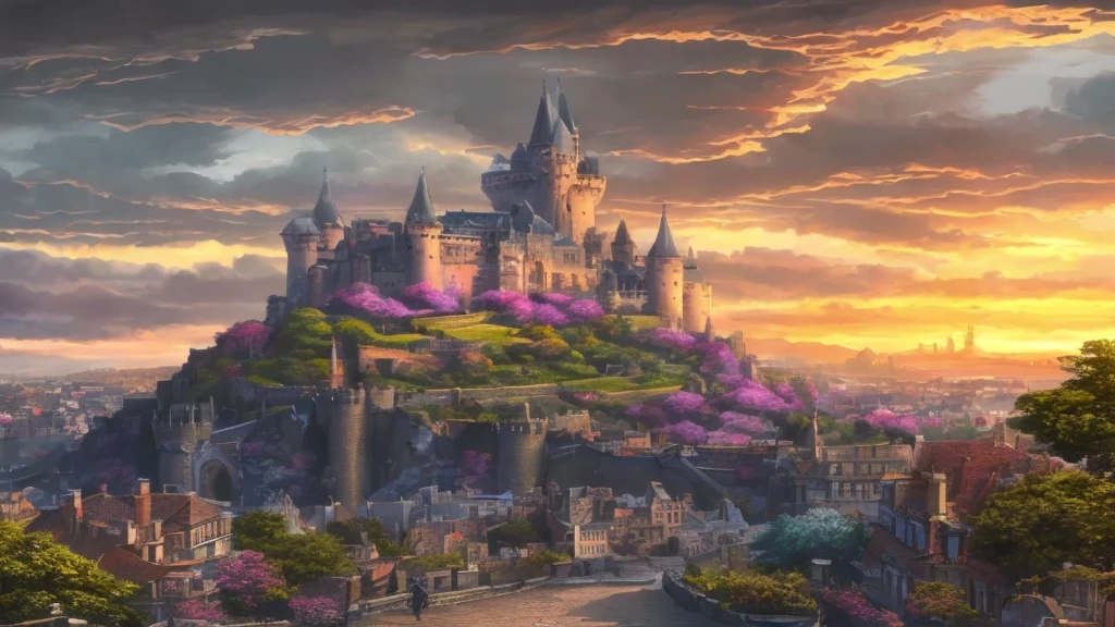 a medieval castle in the background of a city, illustration, 8k, ultra detailed, hyperrealistic, dramatic lighting, fantasy landscape, intricate architecture, cobblestone streets, bustling city, cloudy sky, atmospheric, vibrant colors, cinematic composition