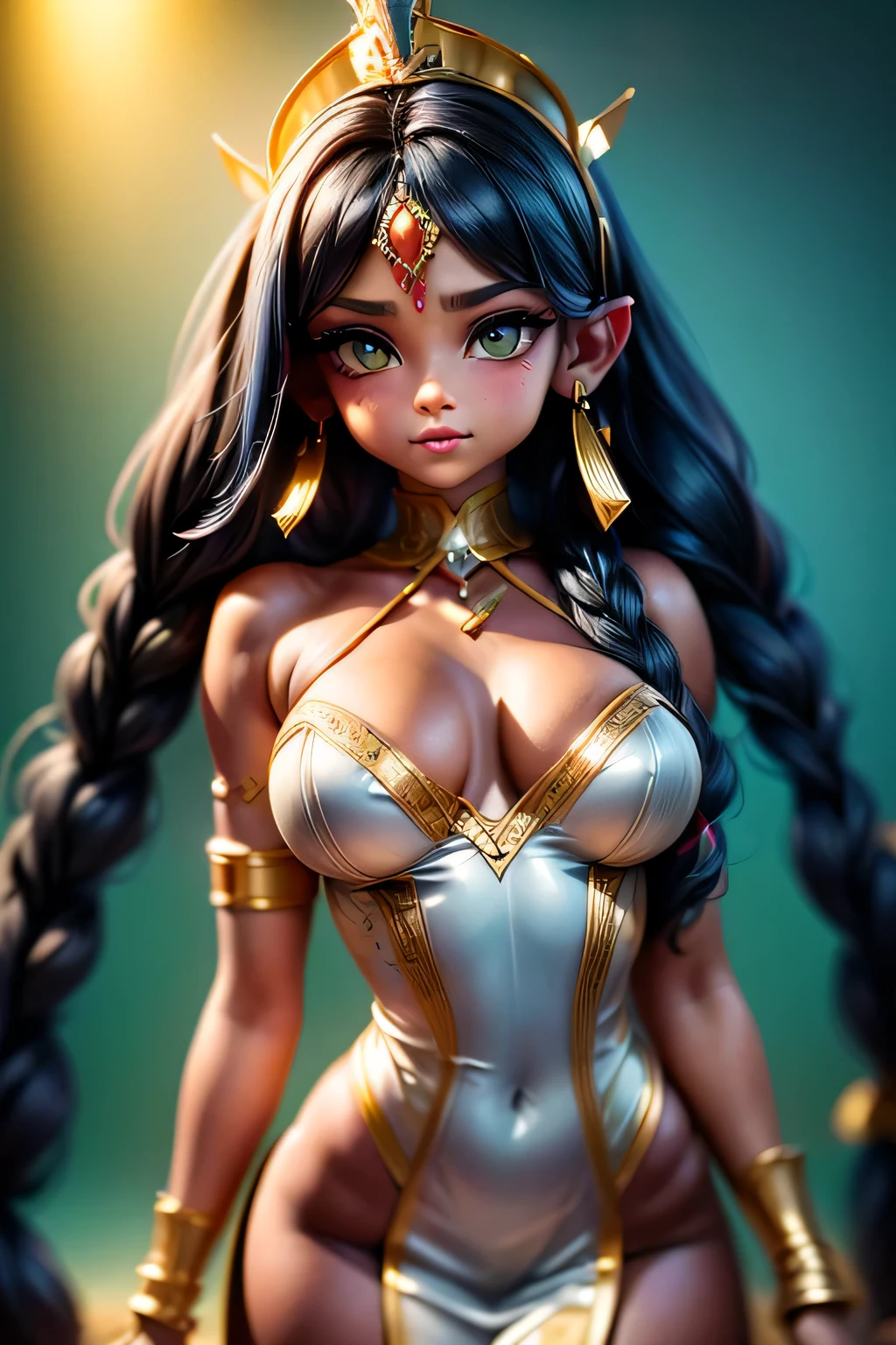 ((Best Quality)), ((Masterpiece)), (Detailed: 1.4), (Absurd), Depiction of Cleopatra, the iconic queen of Egypt, portrayed with historical accuracy and regal elegance. She has a commanding and majestic presence, with an aura of timeless beauty and authority. Her facial features are imposing and graceful, with sharp, expressive eyes that convey wisdom and

Cleopatra's hair is styled in elaborate Egyptian fashion, with a black texture, either straight or slightly wavy, adorned with gold or jeweled headpieces. Her hair is arranged in an intricate updo, often including braids or curls, and she may have a gold diadem or crown resting on her head.

She wears an opulent gown that reflects her high status. The gown is a long, flowing robe made of luxurious fabric, such as silk or linen, in rich colors such as deep blue, gold, and purple. The dress features intricate embroidery, beading, or gold detailing, and has a high neckline or a deep V-neckline adorned with a gold and gemstone collar.

Accessories are essential to her royal attire, including a wide, ornate collar (known as a "wesek").

The background of the image features a grand Egyptian palace or a setting with elements such as pyramids, obelisks, and ancient Egyptian motifs, emphasizing Cleopatra's royal and historical significance.
, by mucha, niji --V5, almost real, sexy pose, fractal background, pastel, centered, scale to fit dimensions, HDR (High Dynamic Range), Ray Tracing, NVIDIA RTX, Super Resolution, Unreal 5, Subsurface Scattering, PBR Texture, Post-processing, anisotropic filtering, depth of field, maximum clarity and sharpness, multi-layer textures, albedo and specular maps, surface shading, accurate simulation of light-material interaction, perfect proportions, rendering of octane, two-tone lighting, wide aperture, low ISO, white balance, rule of thirds, 8K RAW, Crysisnanosuit