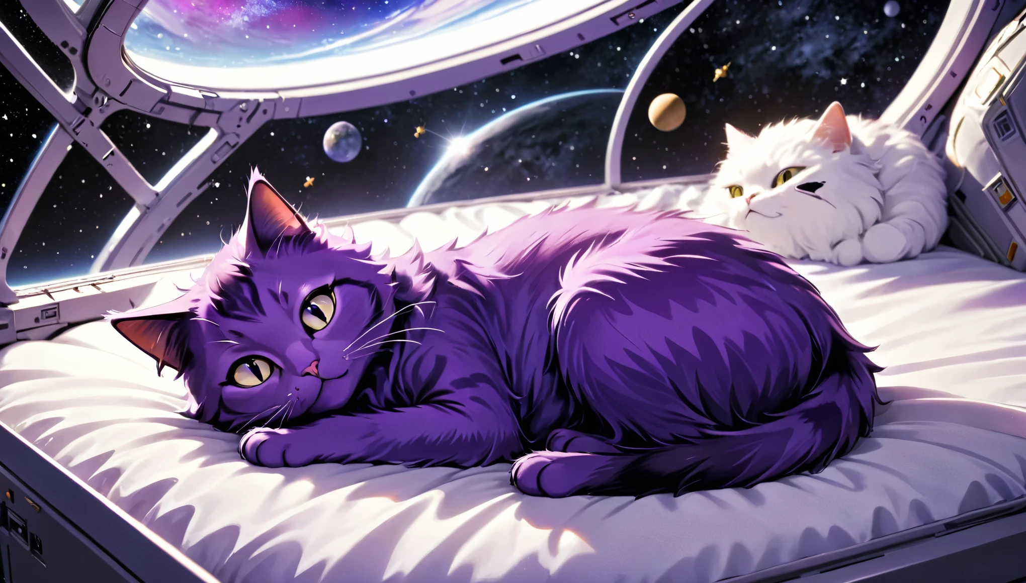 purple cat on a bed in space