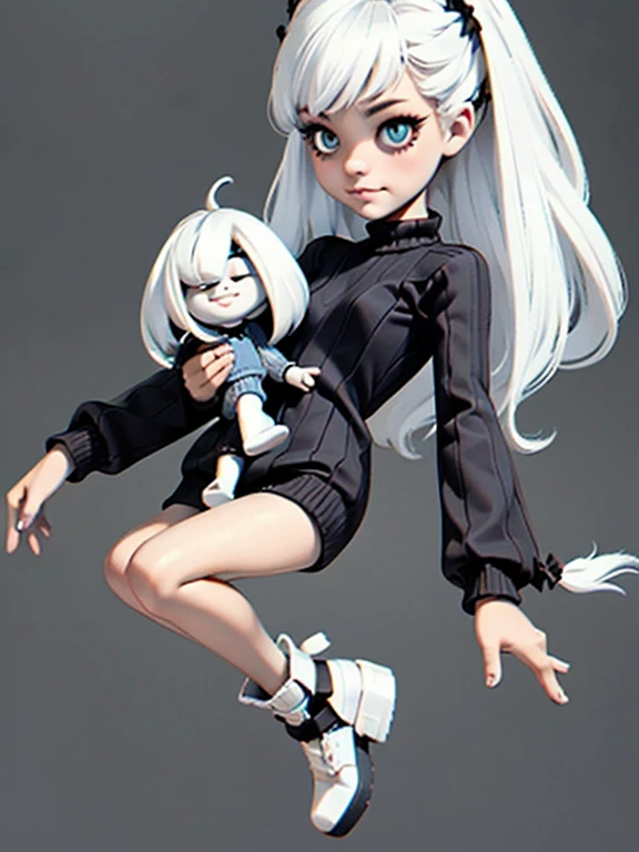 (masterpiece), (High resolution), (Full body portrait), （Punk Rock）、White Hair、Rainbow colored long sleeve sweater、 Dark atmosphere, Flat Illustration, Creepy Appearance, Characteristic hairstyle, creative accessories, Unique atmosphere,A Little Nightmare、Jumping like a Blythe doll
