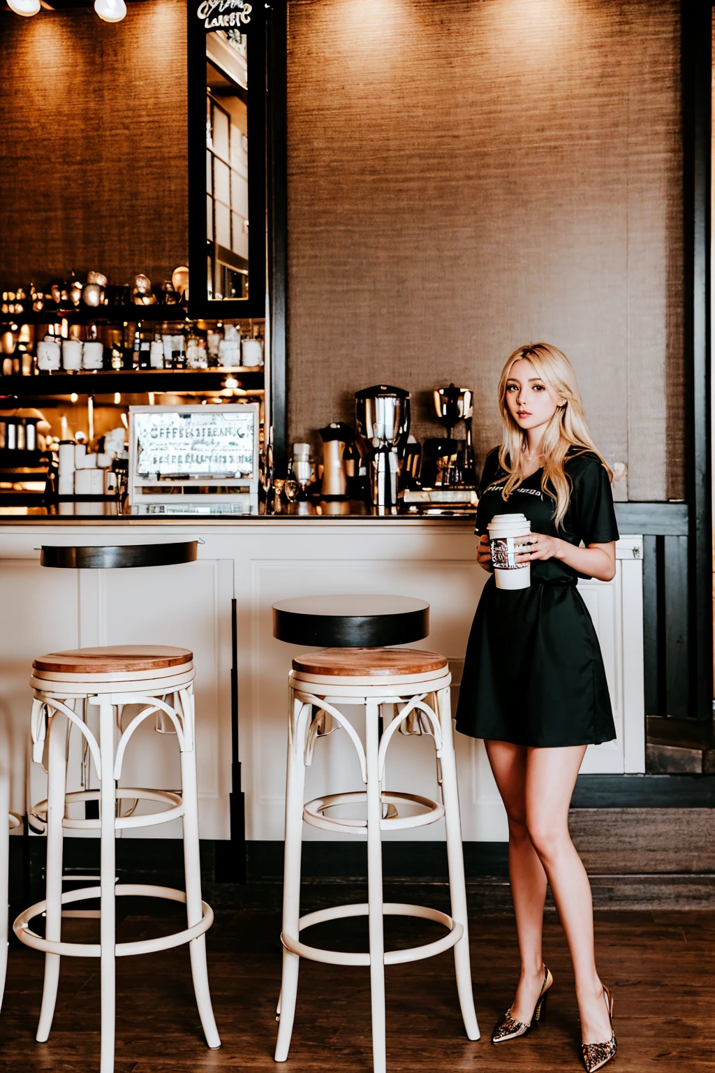 ((masterpiece, Highest quality, Best image quality, High resolution, Realistic, RAW Photos, 8k)), ((Highly detailed CG synthesis 8k wallpaper)), Incredible beauty, Perfect Proportions, Beautiful body, Slim body beauty:1.4),  suit　Coffee Shop　blond Woman　A woman drinking coffee at a counter seat　woman in her 30s　Our eyes meet and we smile